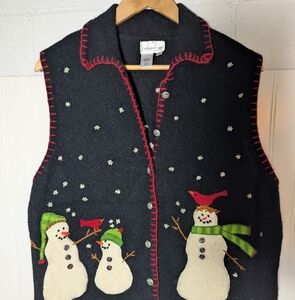 Coldwater Creek Black Snowman Christmas Sweater Vest Button Cardigan XL Wool